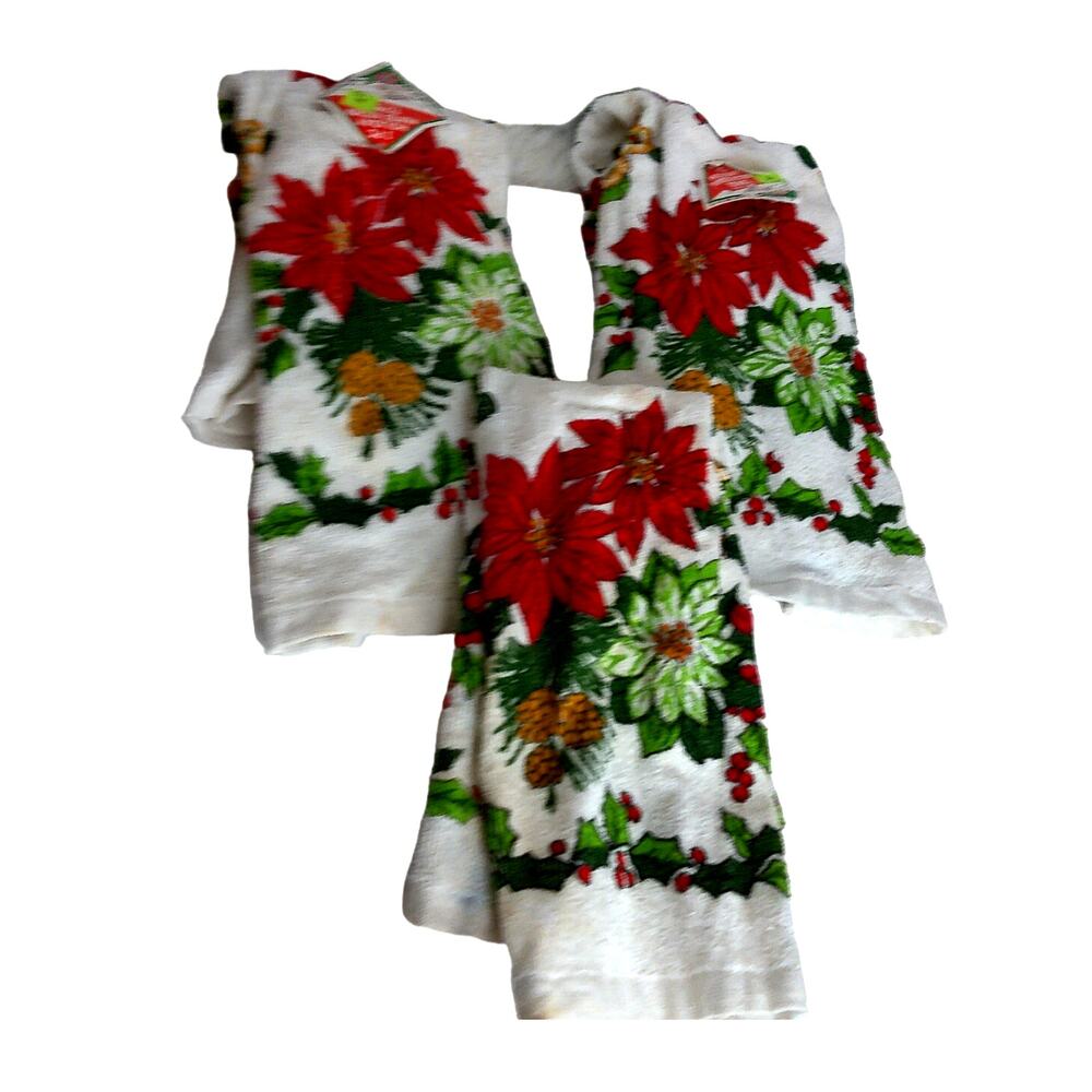 Vintage 1980s Christmas Holiday Poinsettia Kitchen Towels Set of 3 New Deadstock - Picture 3 of 7